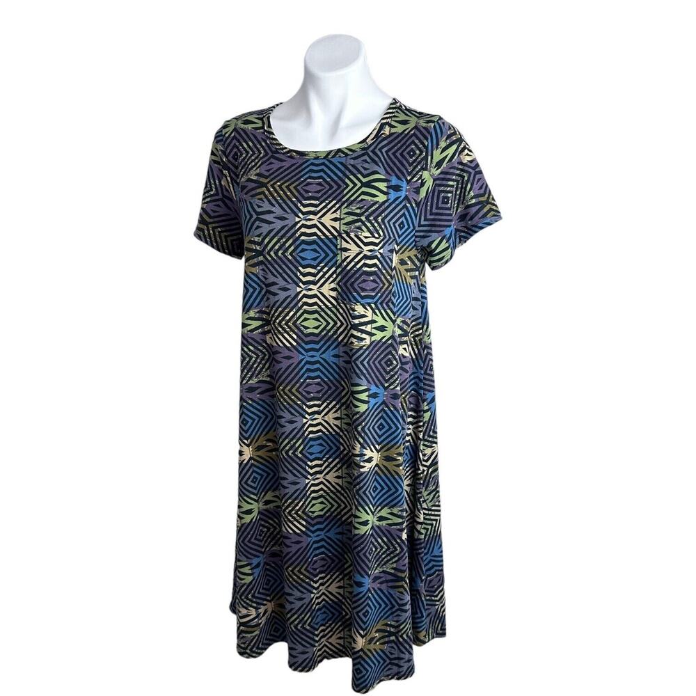 LuLaRoe Carly Dress Multicolor Geometric Short Sleeve Midi Dress Size Small Y2K